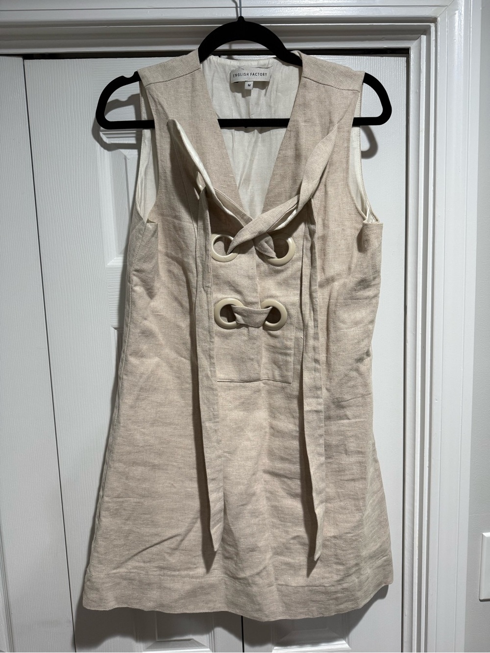 English Factory Sleeveless V-Neck Linen-Blend Dress in Beige